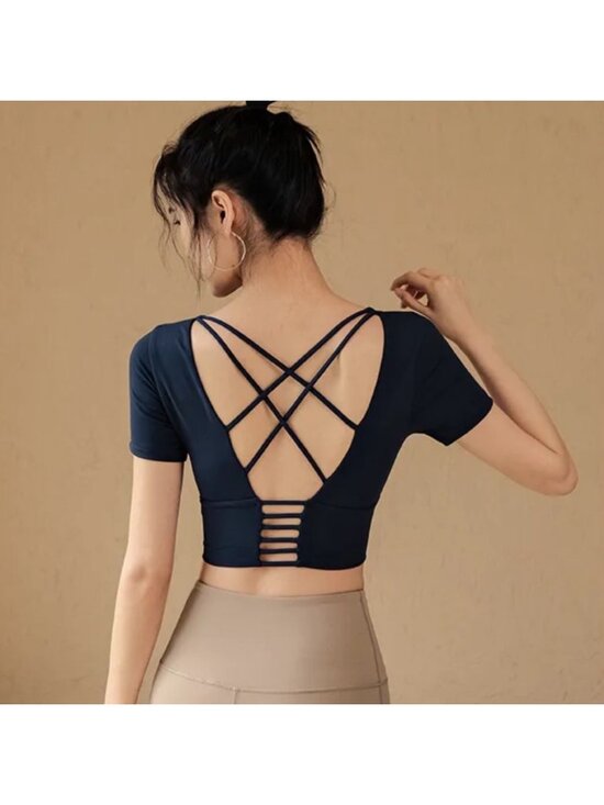 No brand Tops - ✨ Black Criss Cross Back Athletic Crop Top Built-in Bra Small Yoga Pilates ✨